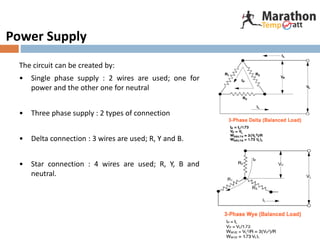 Power Supply
The circuit can be created by:
• Single phase supply : 2 wires are used; one for
power and the other one for neutral
• Three phase supply : 2 types of connection
• Delta connection : 3 wires are used; R, Y and B.
• Star connection : 4 wires are used; R, Y, B and
neutral.
 