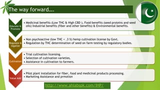 Educate &
Promote
• Medicinal benefits (Low THC & High CBD ), Food benefits (seed proteins and seed
oils) Industrial benef...