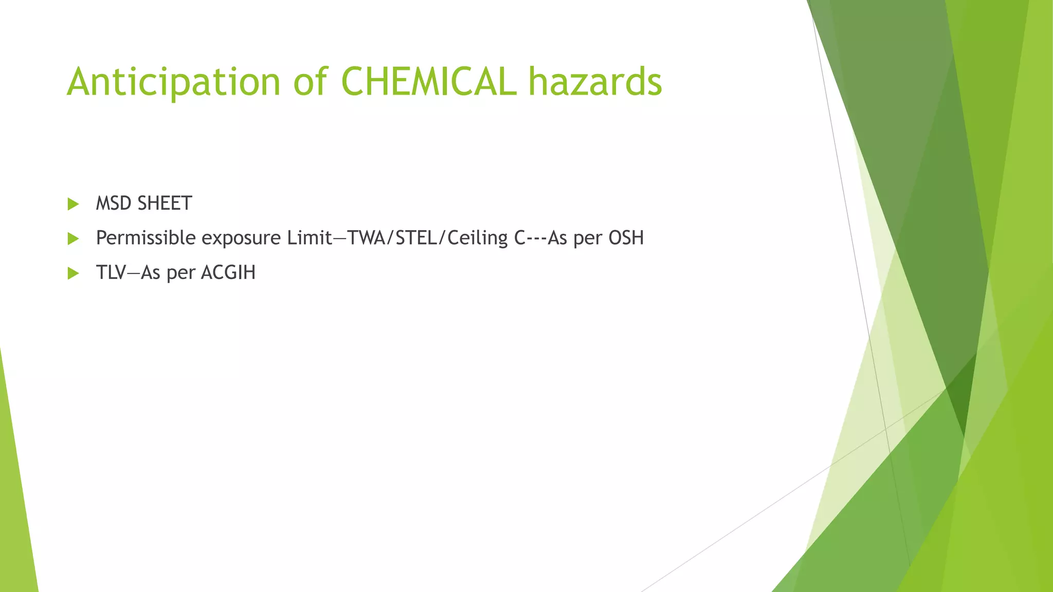 Anticipation of CHEMICAL hazards
 MSD SHEET
 Permissible exposure Limit—TWA/STEL/Ceiling C---As per OSH
 TLV—As per ACGIH
 