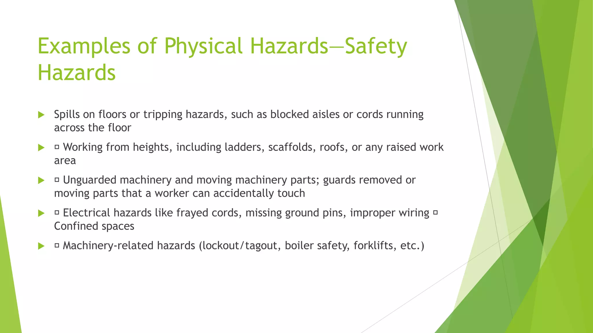 Examples of Physical Hazards—Safety
Hazards
 Spills on floors or tripping hazards, such as blocked aisles or cords running
across the floor
 Working from heights, including ladders, scaffolds, roofs, or any raised work
area
 Unguarded machinery and moving machinery parts; guards removed or
moving parts that a worker can accidentally touch
 Electrical hazards like frayed cords, missing ground pins, improper wiring
Confined spaces
 Machinery-related hazards (lockout/tagout, boiler safety, forklifts, etc.)
 
