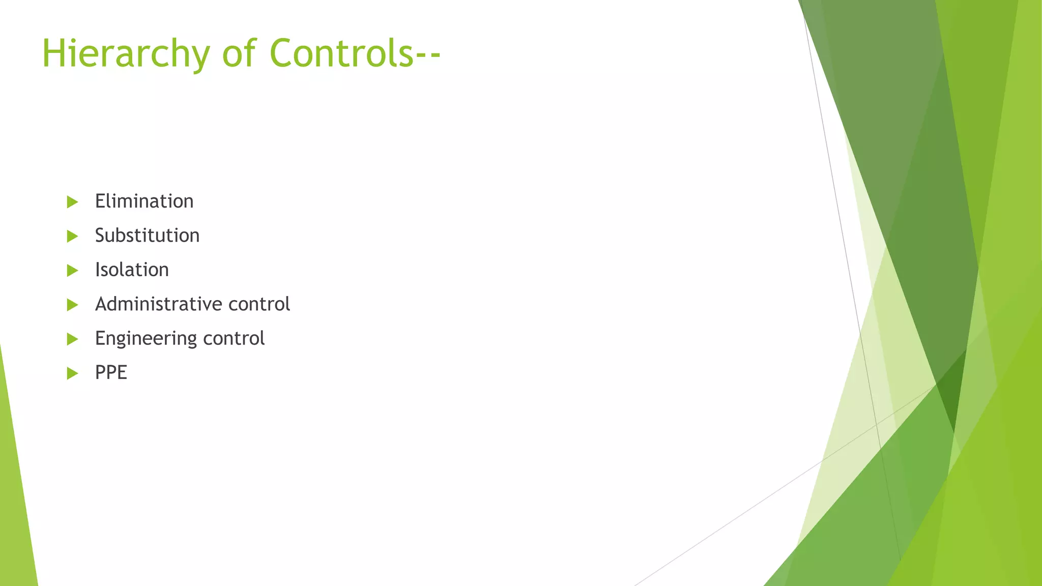 Hierarchy of Controls--
 Elimination
 Substitution
 Isolation
 Administrative control
 Engineering control
 PPE
 
