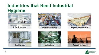 Industries that Need Industrial
Hygiene
11
Life Sciences Manufacturing Higher Education
Healthcare Industrial Construction
 