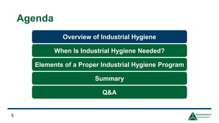 Agenda
5
Overview of Industrial Hygiene
When Is Industrial Hygiene Needed?
Elements of a Proper Industrial Hygiene Program
Q&A
Summary
 
