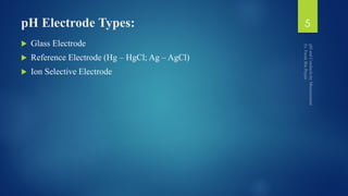 pH Electrode Types:
 Glass Electrode
 Reference Electrode (Hg – HgCl; Ag – AgCl)
 Ion Selective Electrode
5
 