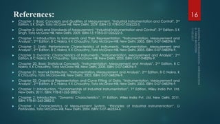 Signal Conditioning:
1 Signal Amplification, reverse phenomenon is “attenuation”
a) Mechanical Amplification such as gears, levers and/or combination
b) Hydraulic/Pneumatic Amplification employing constrictions.
c) Optical Amplification using lenses, mirrors and/or combination
d) Electrical Amplification using basic circuits and/or integrated circuits.
2. Signal Filtration by removal of unwanted noises
a) Mechanical Filters
b) Pneumatic Filters
c) Electrical Filters
3. Signal Compensation/Signal Linearization
4. Differentiation/Integration
5. Analog – to – Digital /Digital – to Analog Conversion
6. Signal Averaging/Signal Sampling
16
 