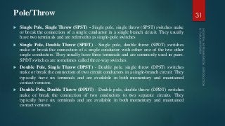 Pole/Throw
 Single Pole, Single Throw (SPST) - Single pole, single throw (SPST) switches make
or break the connection of a single conductor in a single branch circuit. They usually
have two terminals and are referred to as single-pole switches
 Single Pole, Double Throw (SPDT) - Single pole, double throw (SPDT) switches
make or break the connection of a single conductor with either one of the two other
single conductors. They usually have three terminals and are commonly used in pairs.
SPDT switches are sometimes called three-way switches.
 Double Pole, Single Throw (DPST) - Double pole, single throw (DPST) switches
make or break the connection of two circuit conductors in a single-branch circuit. They
typically have six terminals and are available in both momentary and maintained
contact versions.
 Double Pole, Double Throw (DPDT) - Double pole, double throw (DPDT) switches
make or break the connection of two conductors to two separate circuits. They
typically have six terminals and are available in both momentary and maintained
contact versions.
31
 