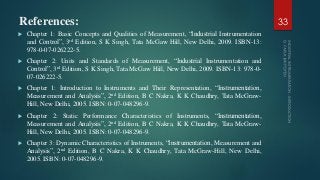 References:
 Chapter 1: Basic Concepts and Qualities of Measurement, “Industrial Instrumentation
and Control”, 3rd Edition, S K Singh, Tata McGaw Hill, New Delhi, 2009. ISBN-13:
978-0-07-026222-5.
 Chapter 2: Units and Standards of Measurement, “Industrial Instrumentation and
Control”, 3rd Edition, S K Singh, Tata McGaw Hill, New Delhi, 2009. ISBN-13: 978-0-
07-026222-5.
 Chapter 1: Introduction to Instruments and Their Representation, “Instrumentation,
Measurement and Analysis”, 2nd Edition, B C Nakra, K K Chaudhry, Tata McGraw-
Hill, New Delhi, 2005. ISBN: 0-07-048296-9.
 Chapter 2: Static Performance Characteristics of Instruments, “Instrumentation,
Measurement and Analysis”, 2nd Edition, B C Nakra, K K Chaudhry, Tata McGraw-
Hill, New Delhi, 2005. ISBN: 0-07-048296-9.
 Chapter 3: Dynamic Characteristics of Instruments, “Instrumentation, Measurement and
Analysis”, 2nd Edition, B C Nakra, K K Chaudhry, Tata McGraw-Hill, New Delhi,
2005. ISBN: 0-07-048296-9.
33
 