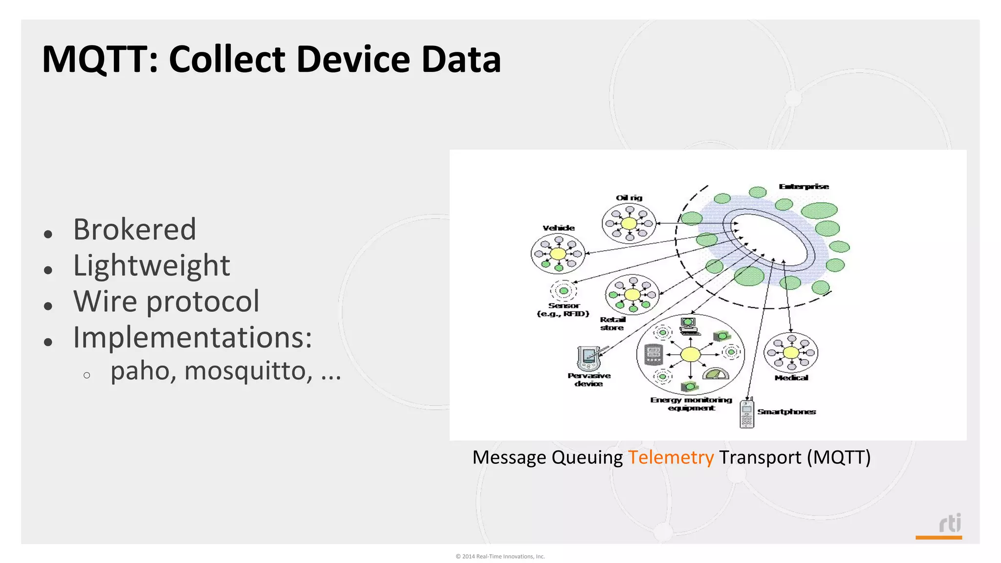 MQTT: Collect Device Data
© 2014 Real-Time Innovations, Inc.
Message Queuing Telemetry Transport (MQTT)
● Brokered
● Lightweight
● Wire protocol
● Implementations:
○ paho, mosquitto, ...
 