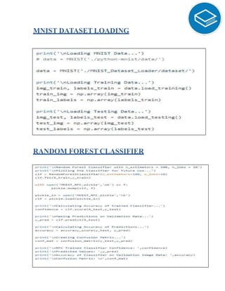 MNIST DATASET LOADING
RANDOM FOREST CLASSIFIER
 