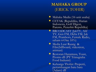 MMAAHHAAKKAA GGRROOUUPP 
((EERRIICCKK TTOOHHIIRR)) 
 MMaahhaakkaa MMeeddiiaa ((1166 uunniitt uussaahhaa)) 
 CCEETTAAKK ((RReeppuubblliikkaa,, HHaarriiaann 
IInnddoonneessiiaa,, GGoollff DDiiggeesstt,, 
PPaarreennttss,, PPeenneerrbbiitt RReeppuubblliikkaa)) 
 BBRROOAADDCCAASSTT ((JJaakkTTVV,, AAlliiff 
TTVV,, GGeenn FFMM,, DDeellttaa FFMM,, JJaakk 
FFMM,, PPrraammbboorrss,, FFeemmaallee RRaaddiioo,, 
ssaahhaamm ttvvOOnnee 1100%%)) 
 MMeeddiiaa LLuuaarr RRuuaanngg && 
FFiillmm((bbiillllbbooaarrdd,, vviiddeeoottrroonn,, 
aanniimmaassii)) 
 RReessttoorraann HHaannaammaassaa,, TTooaasstt,, 
PPrroonnttoo ddllll ((PPTT TTrriinnuuggrraahhaa 
FFoooodd IInndduussttrrii)) 
 KKeelluuaarrggaa TThhoohhiirr:: PPrrooppeerrttii,, 
ppeerrttaammbbaannggaann bbaattuu bbaarraa 
((AAddaarroo)) ddllll 
 