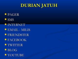 DDUURRIIAANN JJAATTUUHH 
 PPAAGGEERR 
 SSMMSS 
 IINNTTEERRNNEETT 
 EEMMAAIILL -- MMIILLIISS 
 FFRRIIEENNDDSSTTEERR 
 FFAACCEEBBOOOOKK 
 TTWWIITTTTEERR 
 BBLLOOGG 
 YYOOUUTTUUBBEE 
 