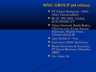 MMNNCC GGRROOUUPP ((6644 ttrriilliiuunn)) 
 PPTT GGlloobbaall MMeeddiiaaccoomm –– MMNNCC 
((HHaarryy TTaannooeessooeeddiibbjjoo)) 
 RRCCTTII,, TTPPII//MMNNCC,, GGlloobbaall,, 
SSUUNN//SSIINNDDOO TTVV 
 TTrriijjaayyaa NNeettwwoorrkk ((SSiinnddoo RRaaddiioo)),, 
OOkkeezzoonnee..ccoomm,, KKoorraann SSeeppuuttaarr 
IInnddoonneessiiaa,, MMaajjaallaahh TTrruusstt,, 
TTaabbllooiidd--ttaabbllooiidd ddllll 
 ((eekkss)) MMoobbiillee 88 –– FFrreenn 
 IInnddoovviissiioonn ((MMNNCC SSkkyyVViissiioonn)) 
 BBhhaakkttii IInnvveessttaammaa && IInnssuurraannccee,, 
PPTT SSaarraannaa RReekkaattaammaa DDiinnaammiikkaa 
((SSRRDD)) 
 EEkkss AAddaamm AAiirr 
 