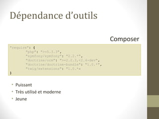Dépendance d’outils

                                               Composer
"require": {
        "php": ">=5.3.3",
      ...