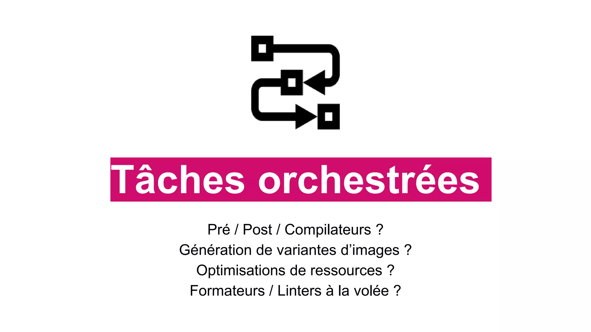 Tâches orchestrées
Pré / Post / Compilateurs ?
Génération de variantes d’images ?
Optimisations de ressources ?
Formateurs / Linters à la volée ?
 