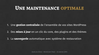 UNE MAINTENANCE OPTIMALE
1. Une gestion centralisée de l’ensemble de vos sites WordPress
2. Des mises à jour en un clic du core, des plugins et des thèmes
3. La sauvegarde automatique avec système de restauration
AURÉLIEN DENIS - WORDCAMP PARIS - 23 JANVIER 2015
 