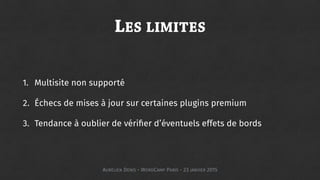 LES LIMITES
1. Multisite non supporté
2. Échecs de mises à jour sur certaines plugins premium
3. Tendance à oublier de vérifier d’éventuels effets de bords
AURÉLIEN DENIS - WORDCAMP PARIS - 23 JANVIER 2015
 