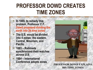PROFESSOR DOWD CREATES TIME ZONES In 1869, to remedy this problem, Professor C.F.  Dowd proposed dividing the earth into 24 time zones The U.S. would be divided into 4 zones: the eastern, Central, Mountain, and Pacific 1883 – Railroads synchronized their watches across U.S. 1884 – International Conference adopts zones PROFESSOR DOWD EXPLAINS HIS TIME ZONES 