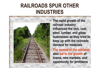 RAILROADS SPUR OTHER INDUSTRIES The rapid growth of the railroad industry influenced the iron, coal, steel, lumber, and glass businesses as they tried to keep up with the railroads demand for materials  The spread of the railroads  also  led to the growth  of towns, new markets, and opportunity for profiteers 