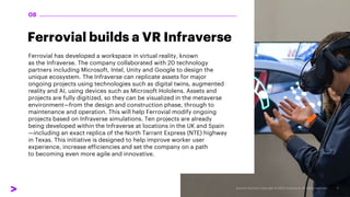 Ferrovial builds a VR Infraverse
Ferrovial has developed a workspace in virtual reality, known
as the Infraverse. The company collaborated with 20 technology
partners including Microsoft, Intel, Unity and Google to design the
unique ecosystem. The Infraverse can replicate assets for major
ongoing projects using technologies such as digital twins, augmented
reality and AI, using devices such as Microsoft Hololens. Assets and
projects are fully digitized, so they can be visualized in the metaverse
environment—from the design and construction phase, through to
maintenance and operation. This will help Ferrovial modify ongoing
projects based on Infraverse simulations. Ten projects are already
being developed within the Infraverse at locations in the UK and Spain
—including an exact replica of the North Tarrant Express (NTE) highway
in Texas. This initiative is designed to help improve worker user
experience, increase efficiencies and set the company on a path
to becoming even more agile and innovative.
08
 