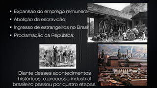 Expansão do emprego remunerado;Expansão do emprego remunerado;
Abolição da escravidão;Abolição da escravidão;
Ingresso de estrangeiros no Brasil;Ingresso de estrangeiros no Brasil;
Proclamação da República;Proclamação da República;
Diante desses acontecimentosDiante desses acontecimentos
históricos, o processo industrialhistóricos, o processo industrial
brasileiro passou por quatro etapas.brasileiro passou por quatro etapas.
 