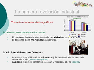 La primera revolución industrial Se debieron esencialmente a dos causas: El mantenimiento de altas tasas de  natalidad  (en torno al 40 x mil). El descenso de la  mortalidad  catastrófica.                                                                                              En ello intervinieron dos factores : La mayor disponibilidad de  alimentos  y la desaparición de las crisis de subsistencia  ( Revolución agrícola ).   Avances  higiénico-sanitarios  (asepsia)  y médicos, ej., la  vacuna .  Transformaciones demográficas 