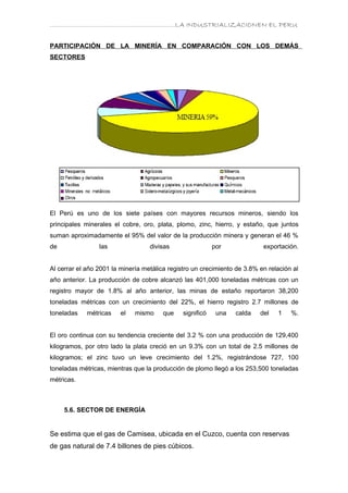 ………………………………………………………….LA INDUSTRIALIZACIONEN EL PERU


PARTICIPACIÓN DE LA MINERÍA EN COMPARACIÓN CON LOS DEMÁS
SECTORES




El Perú es uno de los siete países con mayores recursos mineros, siendo los
principales minerales el cobre, oro, plata, plomo, zinc, hierro, y estaño, que juntos
suman aproximadamente el 95% del valor de la producción minera y generan el 46 %
de               las               divisas                 por             exportación.


Al cerrar el año 2001 la minería metálica registro un crecimiento de 3.8% en relación al
año anterior. La producción de cobre alcanzó las 401,000 toneladas métricas con un
registro mayor de 1.8% al año anterior, las minas de estaño reportaron 38,200
toneladas métricas con un crecimiento del 22%, el hierro registro 2.7 millones de
toneladas    métricas    el   mismo     que    significó    una   calda   del   1    %.


El oro continua con su tendencia creciente del 3.2 % con una producción de 129,400
kilogramos, por otro lado la plata creció en un 9.3% con un total de 2.5 millones de
kilogramos; el zinc tuvo un leve crecimiento del 1.2%, registrándose 727, 100
toneladas métricas, mientras que la producción de plomo llegó a los 253,500 toneladas
métricas.



     5.6. SECTOR DE ENERGÍA


Se estima que el gas de Camisea, ubicada en el Cuzco, cuenta con reservas
de gas natural de 7.4 billones de pies cúbicos.
 