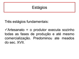 Estágios

Três estágios fundamentais:
Artesanato = o produtor executa sozinho
todas as fases de produção e até mesmo
comercialização. Predominou ate meados
do sec. XVII.

 