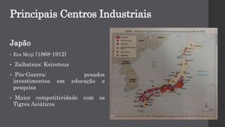 Principais Centros Industriais
Japão
• Era Meiji (1868-1912)
• Zaibatsus; Keiretsus
• Pós-Guerra: pesados
investimentos em educação e
pesquisa
• Maior competitividade com os
Tigres Asiáticos
 
