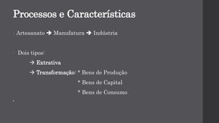 Processos e Características
• Artesanato  Manufatura  Indústria
• Dois tipos:
 Extrativa
 Transformação: * Bens de Produção
* Bens de Capital
* Bens de Consumo
‘
 
