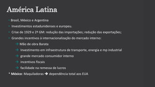 • Brasil, México e Argentina
• Investimentos estadunidenses e europeu.
• Crise de 1929 e 2ª GM: redução das importações; redução das exportações;
• Grandes incentivos à internacionalização do mercado interno:
 Mão de obra Barata
 Investimento em infraestrutura de transporte, energia e mp industrial
 grande mercado consumidor interno
 incentivos fiscais
 facilidade na remessa de lucros
* México: Maquiladoras  dependência total aos EUA
América Latina
 