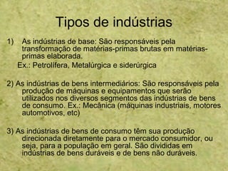 Tipos de indústrias
1) As indústrias de base: São responsáveis pela
transformação de matérias-primas brutas em matérias-
primas elaborada.
Ex.: Petrolífera, Metalúrgica e siderúrgica
2) As indústrias de bens intermediários: São responsáveis pela
produção de máquinas e equipamentos que serão
utilizados nos diversos segmentos das indústrias de bens
de consumo. Ex.: Mecânica (máquinas industriais, motores
automotivos, etc)
3) As indústrias de bens de consumo têm sua produção
direcionada diretamente para o mercado consumidor, ou
seja, para a população em geral. São divididas em
indústrias de bens duráveis e de bens não duráveis.
 