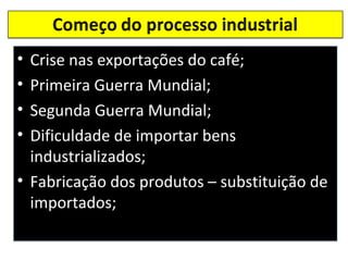 • Crise nas exportações do café;
• Primeira Guerra Mundial;
• Segunda Guerra Mundial;
• Dificuldade de importar bens
  industrializados;
• Fabricação dos produtos – substituição de
  importados;
 