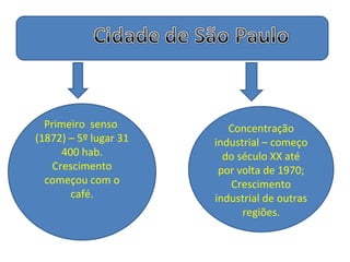 Primeiro senso          Concentração
(1872) – 5º lugar 31   industrial – começo
      400 hab.           do século XX até
    Crescimento         por volta de 1970;
  começou com o           Crescimento
        café.          industrial de outras
                             regiões.
 