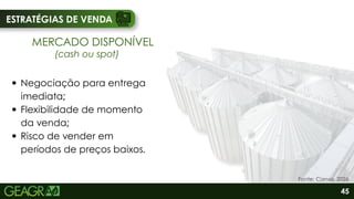 ESTRATÉGIAS DE VENDA
MERCADO DISPONÍVEL
(cash ou spot)
Negociação para entrega
imediata;
Flexibilidade de momento
da venda;
Risco de vender em
períodos de preços baixos.
45
Fonte: Canva, 2026.
 