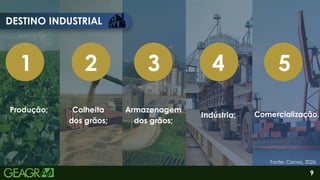 DESTINO INDUSTRIAL
1 2 3 4 5
Produção; Colheita
dos grãos;
Armazenagem
dos grãos;
Indústria; Comercialização.
Fonte: Canva, 2026.
9
 