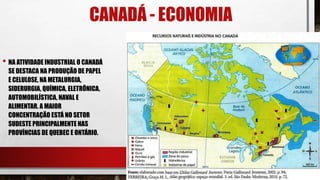 CANADÁ - ECONOMIA
• NA ATIVIDADE INDUSTRIAL O CANADÁ
SE DESTACA NA PRODUÇÃO DE PAPEL
E CELULOSE, NA METALURGIA,
SIDERURGIA, QUÍMICA, ELETRÔNICA,
AUTOMOBILÍSTICA, NAVAL E
ALIMENTAR. A MAIOR
CONCENTRAÇÃO ESTÁ NO SETOR
SUDESTE PRINCIPALMENTE NAS
PROVÍNCIAS DE QUEBEC E ONTÁRIO.
 