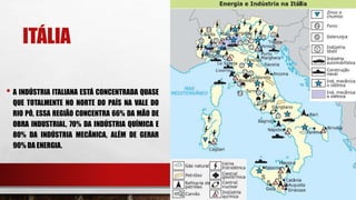 ITÁLIA
• A INDÚSTRIA ITALIANA ESTÁ CONCENTRADA QUASE
QUE TOTALMENTE NO NORTE DO PAÍS NA VALE DO
RIO PÓ, ESSA REGIÃO CONCENTRA 66% DA MÃO DE
OBRA INDUSTRIAL, 70% DA INDÚSTRIA QUÍMICA E
80% DA INDÚSTRIA MECÂNICA, ALÉM DE GERAR
90% DA ENERGIA.
 