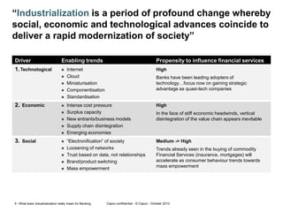 “Industrialization is a period of profound change whereby
social, economic and technological advances coincide to
deliver a rapid modernization of society”
Driver

Enabling trends

1. Technological







2. Economic








3. Social








Propensity to influence financial services

Internet
Cloud
Miniaturisation
Componentisation
Standardisation

High

Intense cost pressure
Surplus capacity
New entrants/business models
Supply chain disintegration
Emerging economies

High

“Electronification” of society
Loosening of networks
Trust based on data, not relationships
Brand/product switching
Mass empowerment

Medium -> High

6 - What does Industrialization really mean for Banking

Banks have been leading adopters of
technology…focus now on gaining strategic
advantage as quasi-tech companies

In the face of stiff economic headwinds, vertical
disintegration of the value chain appears inevitable

Trends already seen in the buying of commodity
Financial Services (insurance, mortgages) will
accelerate as consumer behaviour trends towards
mass empowerment

Capco confidential - © Capco - October 2013

 