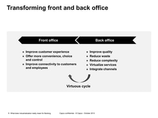 Transforming front and back office

Front office





Back office

Improve customer experience
Offer more convenience, choice
and control
Improve connectivity to customers
and employees







Improve quality
Reduce waste
Reduce complexity
Virtualize services
Integrate channels

Virtuous cycle

9 - What does Industrialization really mean for Banking

Capco confidential - © Capco - October 2013

 