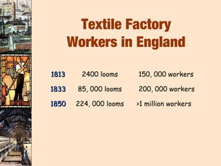 Textile Factory
       Workers in England

1813     2400 looms      150, 000 workers

1833    85, 000 looms    200, 000 workers

1850    224, 000 looms   >1 million workers
 