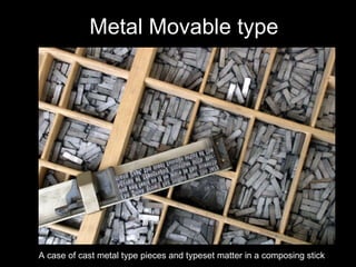 Metal Movable type A case of cast metal type pieces and typeset matter in a composing stick  