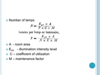  Number of lamps
 A - room area
 EAV - illumination intensity level
 C – coefficient of utilization
 M – maintenance factor
 