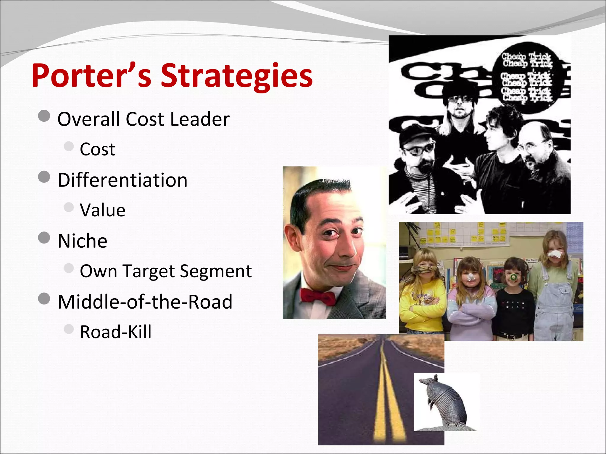 Porter’s Strategies
Overall Cost Leader
  Cost
Differentiation
  Value
Niche
  Own Target Segment
Middle-of-the-Road
  Road-Kill
 
