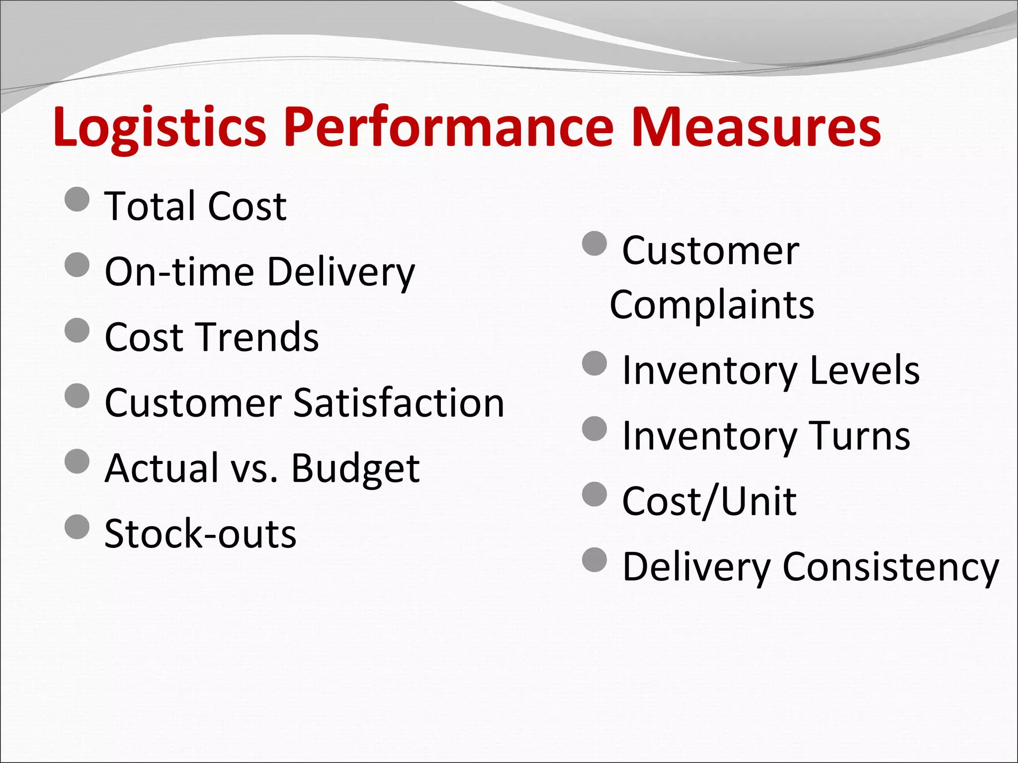 Logistics Performance Measures
Total Cost
On-time Delivery        Customer
                          Complaints
Cost Trends
                         Inventory Levels
Customer Satisfaction
                         Inventory Turns
Actual vs. Budget
                         Cost/Unit
Stock-outs
                         Delivery Consistency
 
