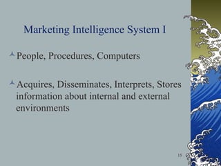 Marketing Intelligence System I
People, Procedures, Computers
Acquires, Disseminates, Interprets, Stores
information about internal and external
environments

15

 