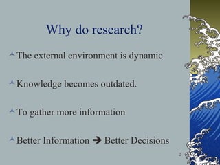 Why do research?
The external environment is dynamic.
Knowledge becomes outdated.
To gather more information
Better Information  Better Decisions
2

 