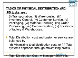 IM/8-11/14
TASKS OF PHYSICAL DISTRIBUTION (PD)
 PD tasks are :
  (i) Transportation, (ii) Warehousing, (iii)
  Inventory C...
