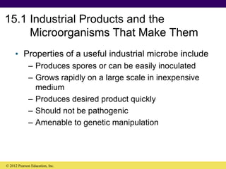 15.1 Industrial Products and the
Microorganisms That Make Them
• Properties of a useful industrial microbe include
– Produces spores or can be easily inoculated
– Grows rapidly on a large scale in inexpensive
medium
– Produces desired product quickly
– Should not be pathogenic
– Amenable to genetic manipulation
© 2012 Pearson Education, Inc.
 
