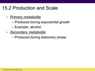 15.2 Production and Scale
• Primary metabolite
– Produced during exponential growth
– Example: alcohol
• Secondary metabolite
– Produced during stationary phase
© 2012 Pearson Education, Inc.
 