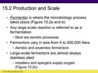 15.2 Production and Scale
• Fermentor is where the microbiology process
takes place (Figure 15.2a and b)
• Any large-scale reaction is referred to as a
fermentation
– Most are aerobic processes
• Fermentors vary in size from 5 to 500,000 liters
– Aerobic and anaerobic fermentors
• Large-scale fermentors are almost always
stainless steel
– Impellers and spargers supply oxygen
(Figure 15.2c)
© 2012 Pearson Education, Inc.
 